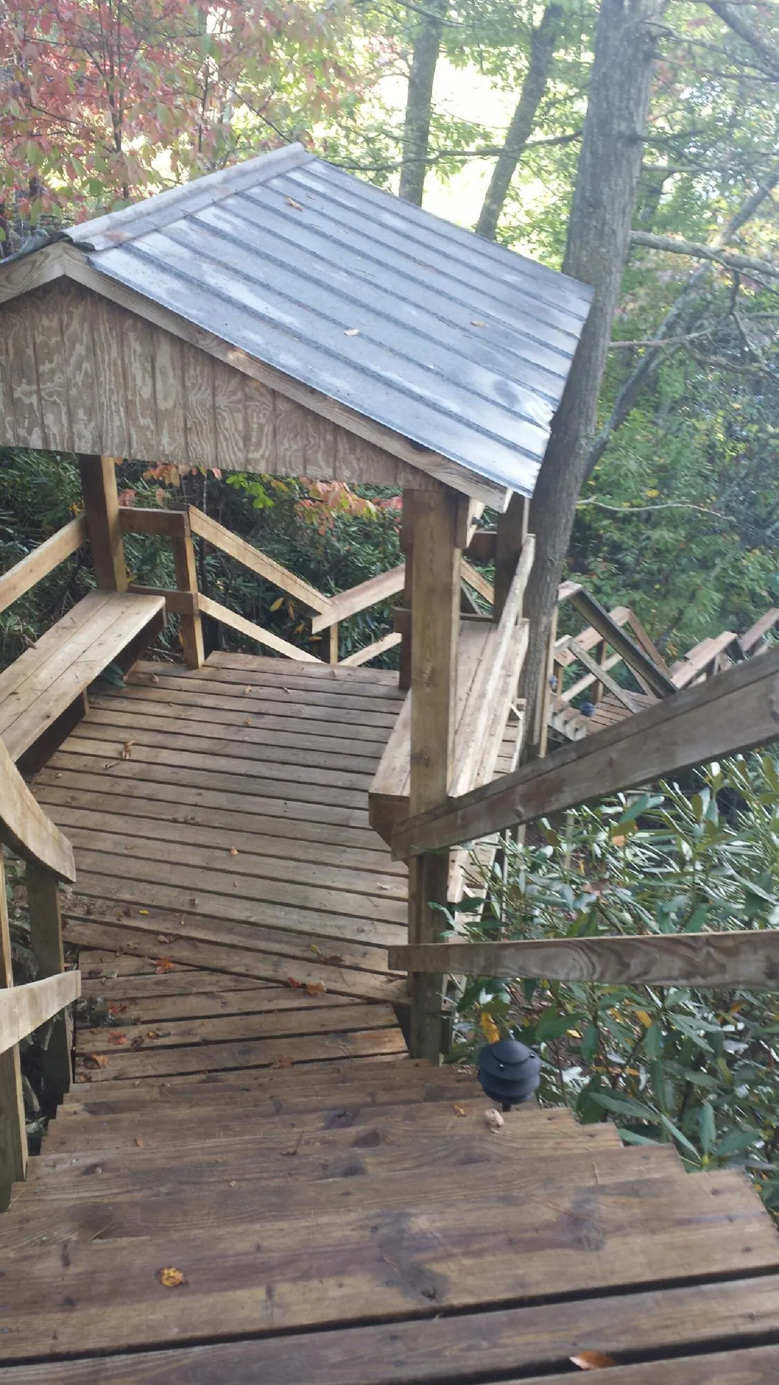 Metal roofed shelter over wooden steps on a wooded walkway — Skylight Repair & Installation work by our crew in Levels